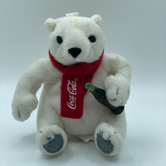 Coca Cola 3" Plush Stuffed Polar Bear Coke bottle in hand Scarf ornament - Picture 2 of 11